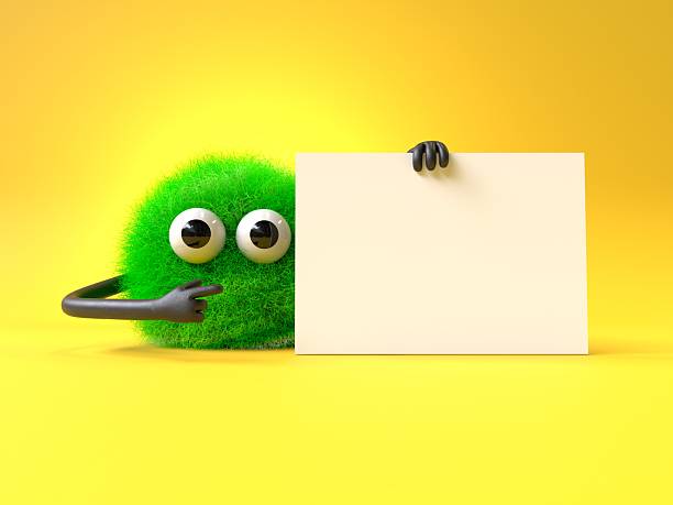 istock Fluffy, cute monster holds a blank sign. 2245640686