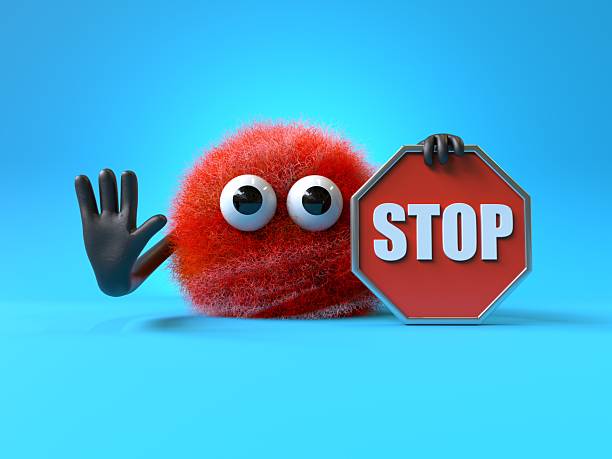 Fluffy, cute monster holding a stop sign, symbolizing caution or halting. 3D rendering, conceptual image. Isolated on white background.