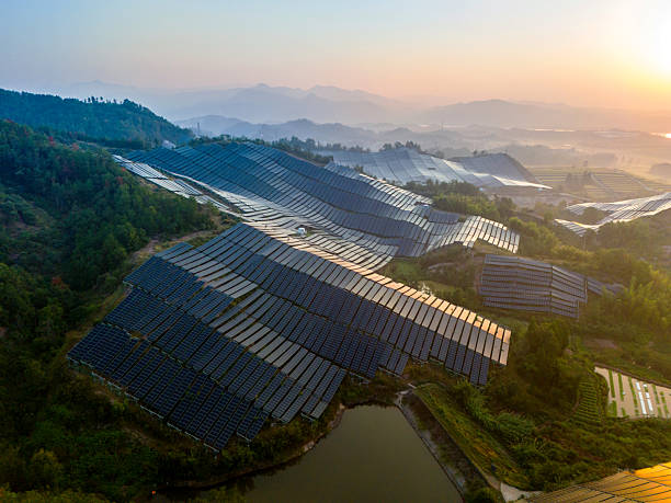 istock Solar photovoltaic panels on a hillside at sunrise 2245643696