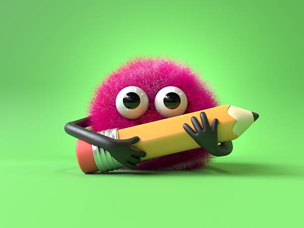Fluffy, cute monster with a pencil, symbolizing creativity or education. 3D rendering, conceptual image. Isolated on white background.