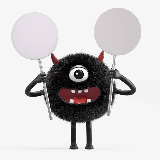 Fluffy, cute monster holds a blank sign, symbolizes information and advertising display. 3D rendering, conceptual image. Isolated on white background.
