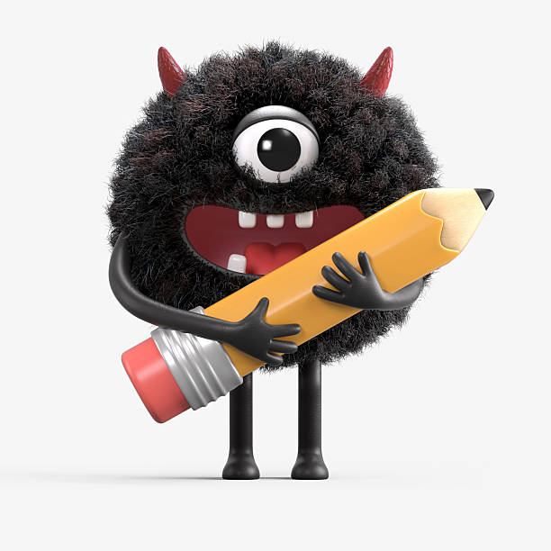 Fluffy, cute monster with a pencil, symbolizing creativity or education. 3D rendering, conceptual image. Isolated on white background.