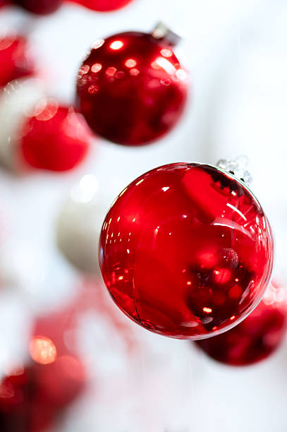 istock Red Christmas ornament close up with soft bokeh lights 2245670291