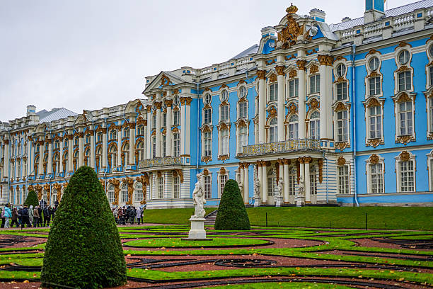 Russia, Pushkin, Tsarskoye Selo, St. Petersburg – October 26, 2025: Grand Catherine Palace with its stunning blue facade and formal gardens