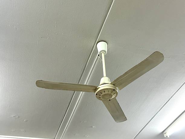istock Ceiling Fan with Three Blades Installed on a Plain Ceiling Providing Air Circulation in a Simple Indoor Space 2245674647