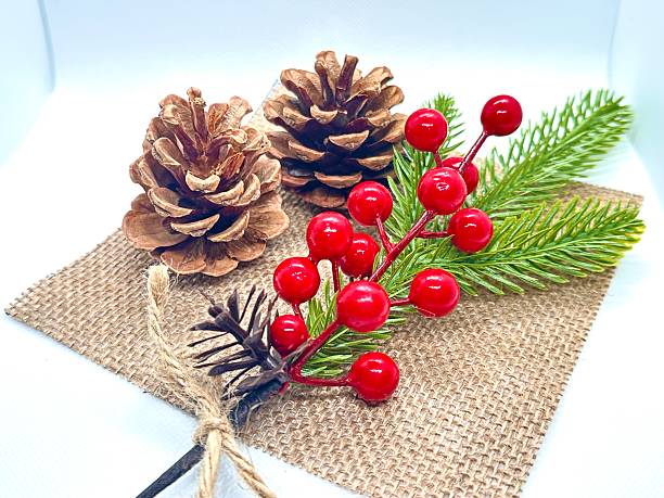 istock Pinecones and Red Berries with Greenery on Burlap Surface for Holiday Decoration and Crafting Inspiration in Bright and Festive Aesthetic 2245674897