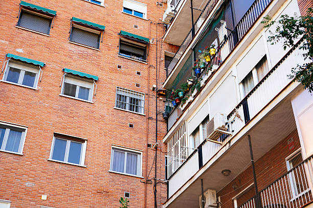 Old residential building facades in Madrid, Spain