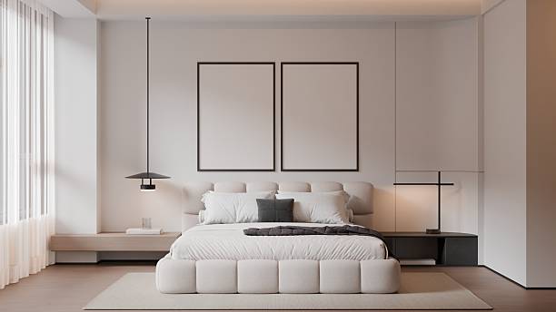 istock Modern Minimalist Bedroom Interior with Frame Poster Mockup - 3d Render 2245690430