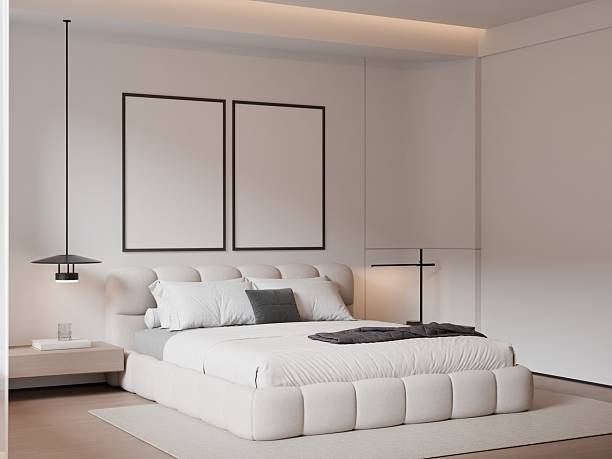 istock Modern Minimalist Bedroom Interior with Frame Poster Mockup - 3d Render 2245690465