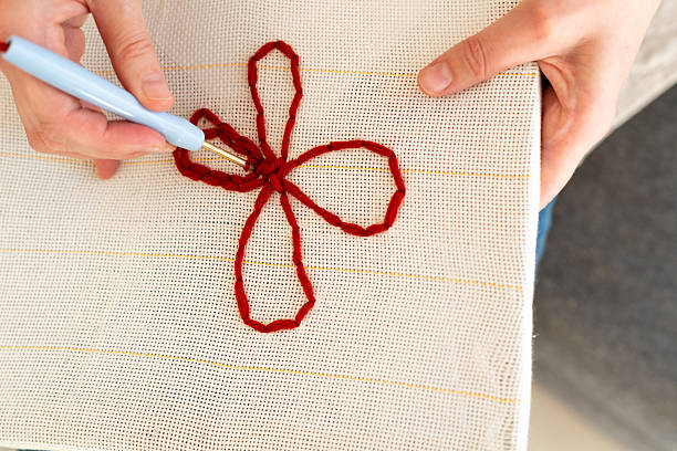 istock A person is using a crochet hook to create a detailed red flower design on a light-colored fabric. 2245691058