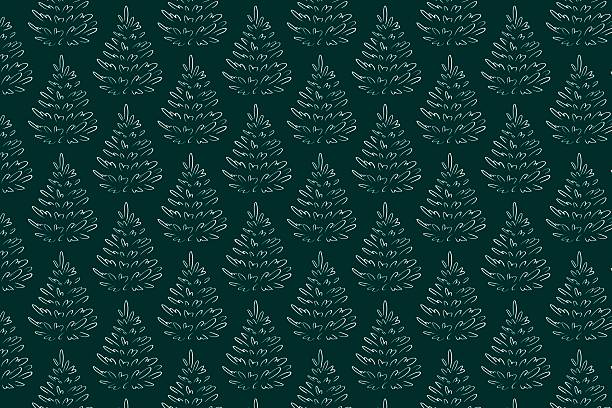 Minimal seamless pattern with hand-drawn pine trees in line art on a deep dark background. Great for modern packaging, fabric, wrapping paper, branding and elegant winter stationery.