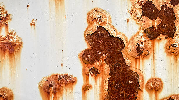 istock Grunge white painted metal texture with heavy vertical rust stains. Abstract industrial background. 2245721380