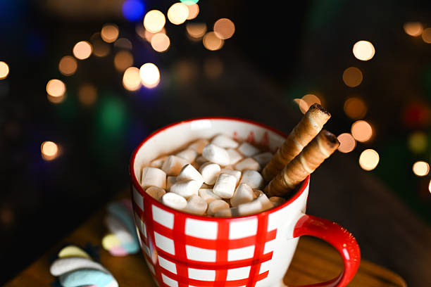 Hot chocolate with marshmallows and wafer rolls