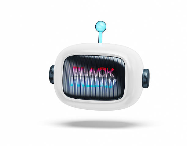 3D Render of a futuristic artificial intelligence robot with a digital screen showing the text “Black Friday.” Modern technology and e-commerce concept, perfect for online shopping, promotions, and holiday sales advertisements. Object + Shadow Clipping path