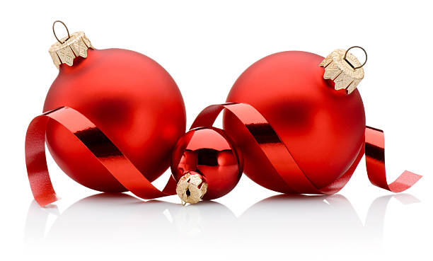 istock Three red Christmas baubles and curling paper ribbon isolated on white background 2245728105