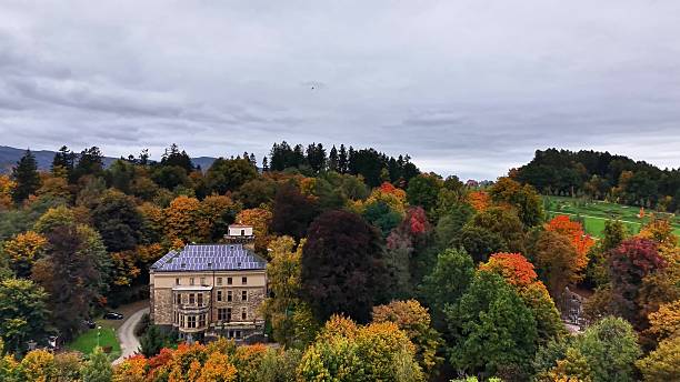 colorful forest surrounds elegant estate, autumnal mansion nestled amid vibrant woodland and hills