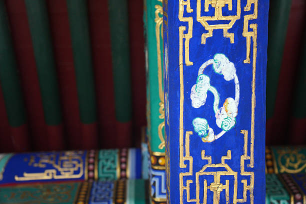 This image shows intricate traditional Chinese decorative patterns on a blue column, highlighting cultural art and craftsmanship.
