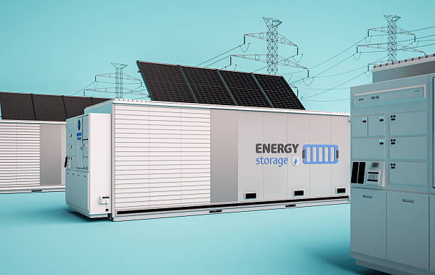 istock Alternative energy concept with group of energy storage systems or battery container units with various sources of energy 2245741657