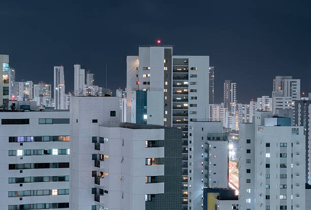 Recife, Pernambuco, Brazil:Modern buildings of Boa Viagem residential district at night.