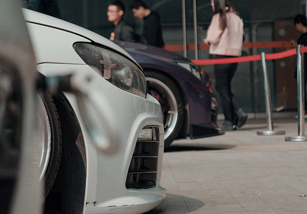 Suzhou, China - March 30, 2019: Close-up of a white car at a tuning show