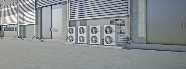 istock 3D rendering of condenser units in horizontal panoramic view. Air conditioning HVAC systems of industrial building. Cooling infrastructure and climate control technology for facilities. 2245768452