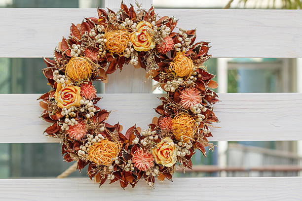 Wreaths decorated on a wooden deck