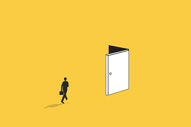 istock Business opportunity or career success vector concept with man walking enter door. Symbol of courage, ambition, having a goal, inspiration 2245780287