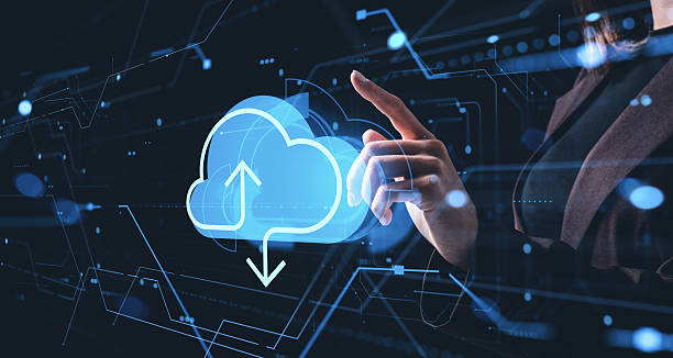istock Businesswoman interacting with glowing cloud storage hologram on futuristic digital interface screen in technology concept background for online data access. 2245793449