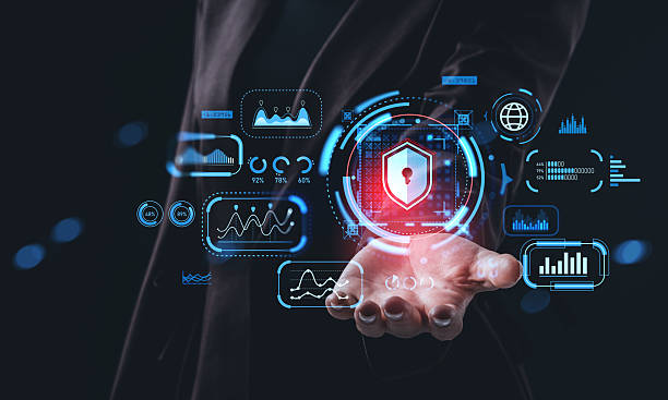 istock Cybersecurity protection concept with digital hologram lock and data graphs floating above a businessman's open hand in a futuristic interface.. 2245793670