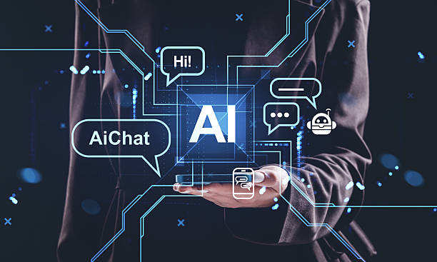 Futuristic AI chatbot concept with holographic interface hovering above a smartphone held by a person in a tech-themed virtual environment.