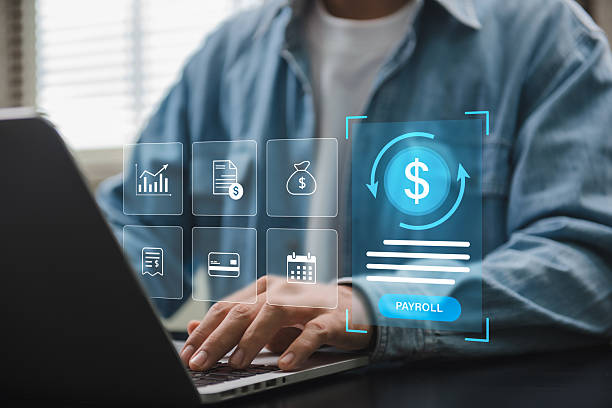 istock Payroll digital management system showing person operating financial software on laptop for salary calculation, tax payment and business accounting in digital fintech company setup 2245795329
