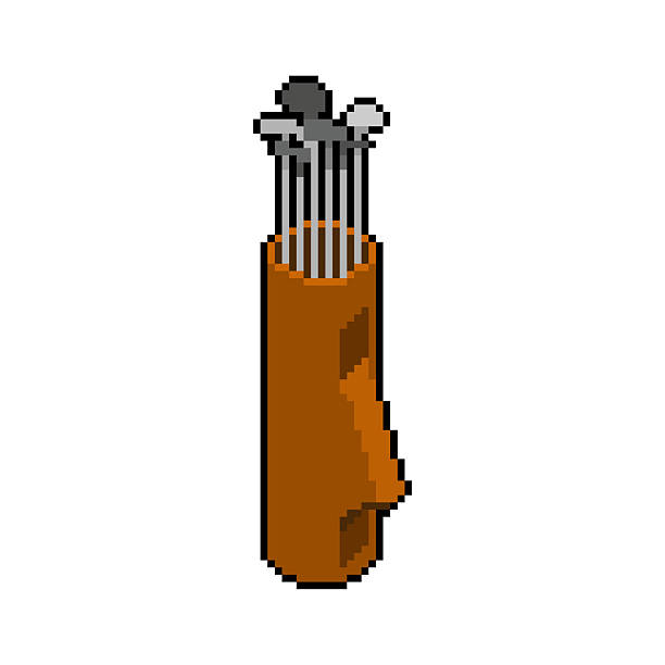 Pixel art golf bag with clubs, symbolizing sport, leisure, recreation, golfing hobby, retro game style, and active lifestyle.