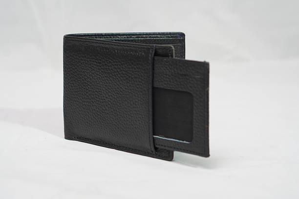 Open black textured leather wallet with a convenient pull-out ID window, offering both style and utility.