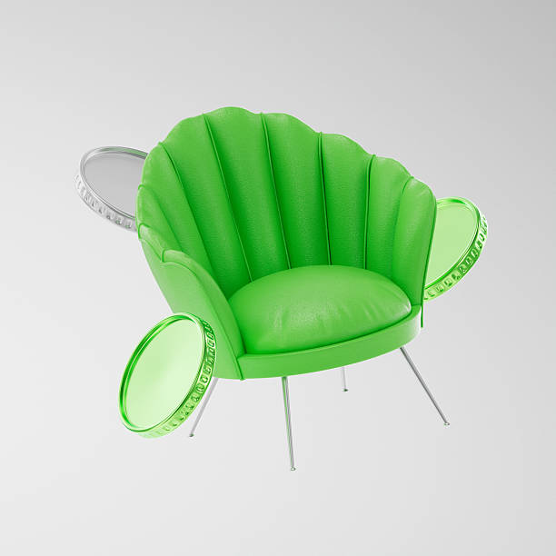 3D render of a modern green armchair with a unique shell-shaped backrest and metallic legs, surrounded by floating glossy coins. Contemporary furniture and interior design concept with futuristic styl
