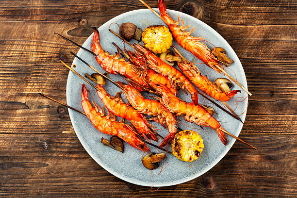istock Shrimp kebab, skewers with grilled langoustines. 2245802199