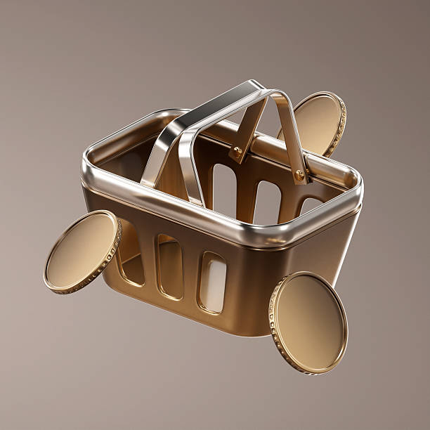 3D Gold realistic shopping cart. Empty bag shopping basket. 3D Rendering