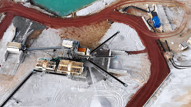 istock Quartz sand quarry with conveyor belts and processing plant, an aerial high angle view of industrial mining operation 2245806298