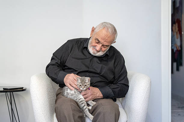 An elderly man holds a kitten and smiles to him