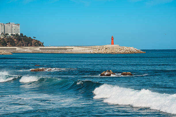 Waves roll toward the breakwater at Sokcho Pier, South Korea, with re lighthouses under clear blue sky.