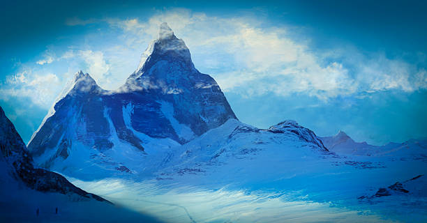 istock Snowy mountains at duask, digital painted, 3D illustration 2245811126