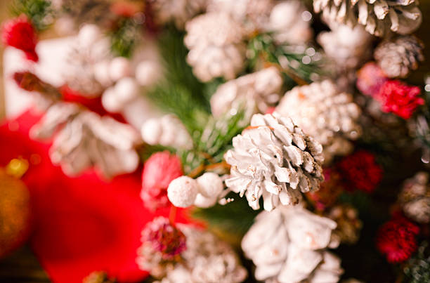 A close-up of frosted pinecones and winter greenery creates a rich, textured holiday composition with pops of red and white. The soft focus and warm tones evoke feelings of comfort, handcrafted charm and the natural beauty of winter celebrations. Copy space for text, close-up - Christmas, season