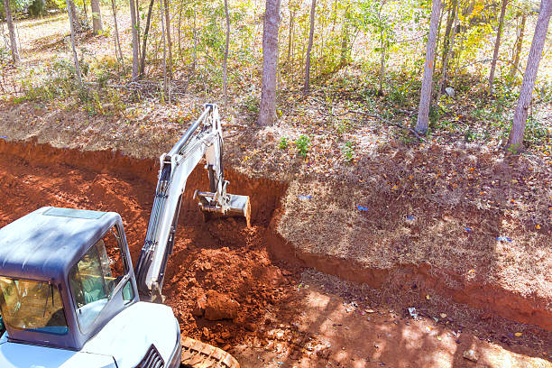 Excavator works on digging trench in rich red soil surrounded by trees