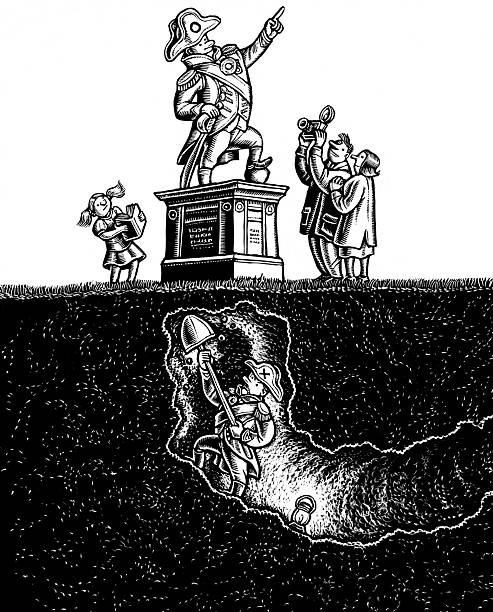 Military officer digging a tunnel under the statue of his rival officer