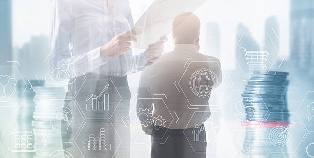 istock Abstract industrial Business process organisation structure. against the backdrop of a modern city 2245838118