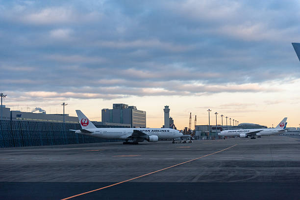 Ota, Japan - January 9, 2020. utdoor scene showing parked aircraft on the tarmac of Haneda airport in Tokyo.