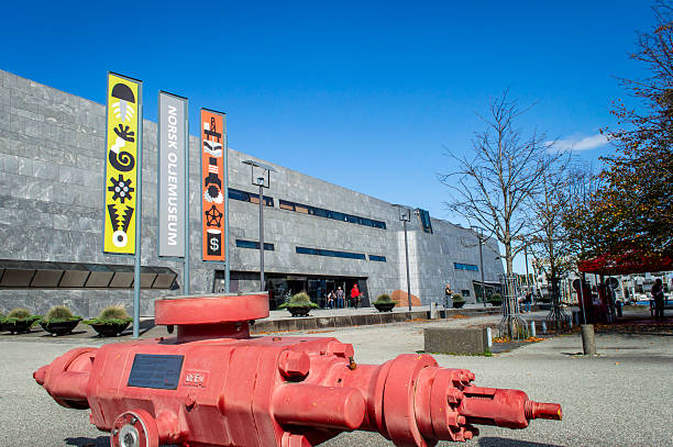 Stavanger, Norway, Sep. 6, 2025.  Front view of the Stavanger Norwegian Petroleum Museum with group of visitors outside in a sunny day.