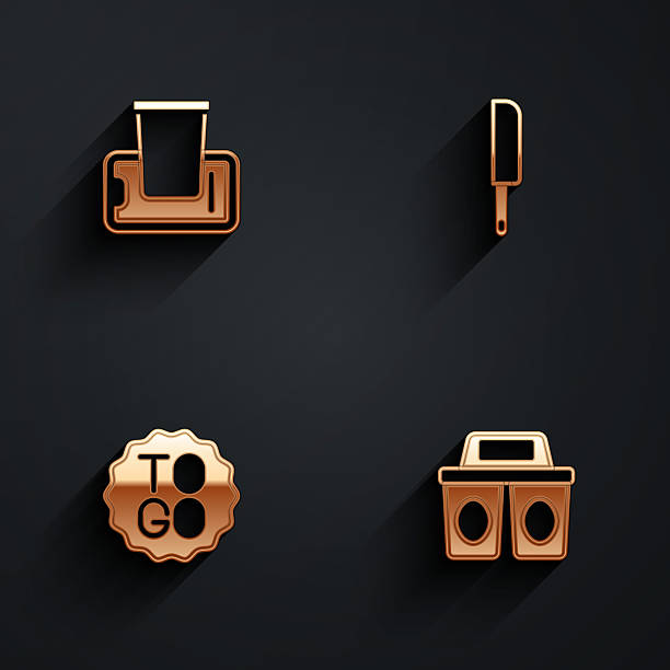 istock Set Food ordering on mobile, Knife, Coffee cup to go and icon with long shadow. Vector 2245848226