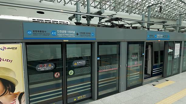 Automated doors on an Arex Express train opening at an airport station platform