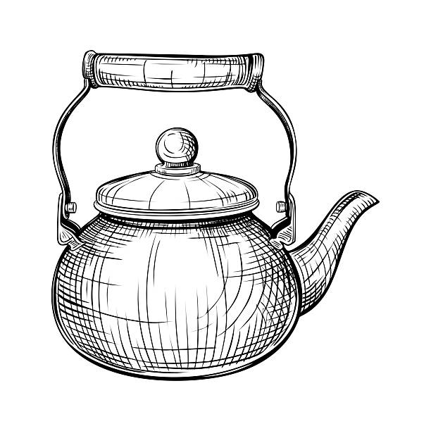 Tea kettle. Vector hand drawn illustration of teapot in engraved style. Metal and enameled household kitchen utensils. Black and white sketch isolated on white background