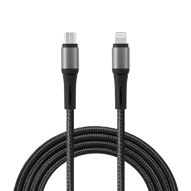 istock Black cable for charging and synchronization with Lightning and Micro USB connectors on a white isolated background 2245856289